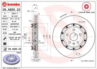 BREMBO 09.A665.23 Fren Dıskı On Floatıng Chevrolet 20795302 BZ9157 25547Z 9A66523
