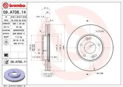 BREMBO 09.A706.11 Fren Dıskı On Uv Coated Kıa 3503011U1510 517121D100 517123K010 MDC1748 ADG043135 24012601281PCSMS BSF5449 320380620 D1566 24933