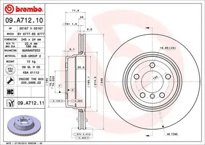 BREMBO 09.A712.11 Fren Dıskı Arka Uv Coated Bmw 34216765889 150343852 9A71211 DDF1936 3082501 DDF1936C1 BDC5931 24012402131PRPCSMS 34216864054 BS7632C