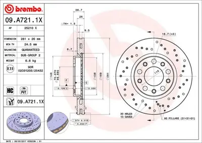 BREMBO 09.A721.1X Fren Dıskı On Xtra Alfa Romeo 562916J 51806278 RR1321 9A72110 52059150 71777095 25210 NBD1902 DDF1956 MDC2258