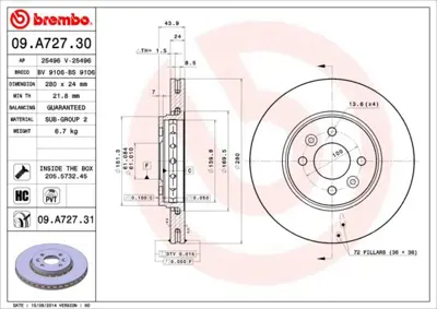 BREMBO 09.A727.31 Fren Dıskı On Uv Coated Renault 402069518R 7701205086 MDC1083 DF4110 REN130 MDC2515 DSK3133 7700426389 19923 7701205230