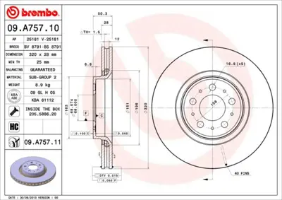 BREMBO 09.A757.11 Fren Dıskı On Uv Coated Volvo 6130310 610371620 9475266 DDF18981 314862 812027147C 24012801841 9A75711 MDC1939 V1006VR