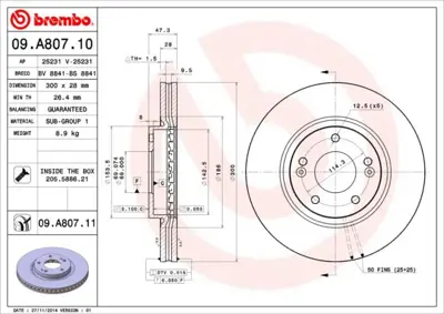 BREMBO 09.A807.11 Fren Dıskı On Hyundaı Tucson 04-/ Ix35 10-/ Sonata 05-/ I40 11-/ Kıa Rıo 11-/ Sportage 04-/ Optıma 12-/ 300×5 517123K150 517120Z000 517123K160 51712A0000 WH20374 DF6108S 517123K110 698810 54665 5815313422