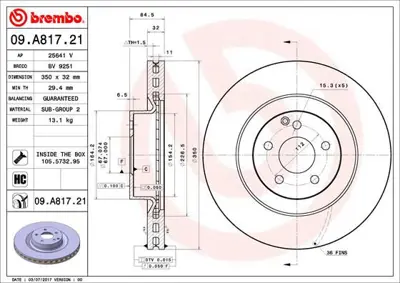 BREMBO 09.A817.21 Fren Dıskı On Uv Coated Mercedes-Benz A2194210112 2194210112 24013201391 563012JC1 V949 1421611 18249 400367152 8120231004C 432139