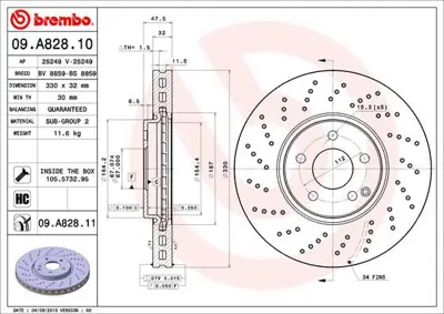 BREMBO 09.A828.11 Fren Dıskı Mercedes W220 On  4-Matic 350-430-500 2204211812 BG9014 8120231008C A2204211812 BD5037 44012 M2065V 9A82810 6060795 A220421181264