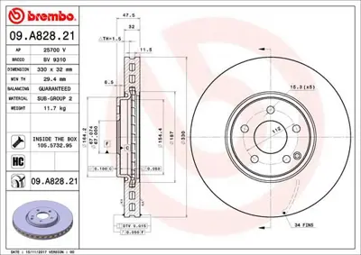 BREMBO 09.A828.21 Fren Dıskı On Uv Coated Mercedes-Benz 92198805 43952 A2114211112 6140510 562728JC BS8996C ADU1743103 2114211112 562728BC 24113201541