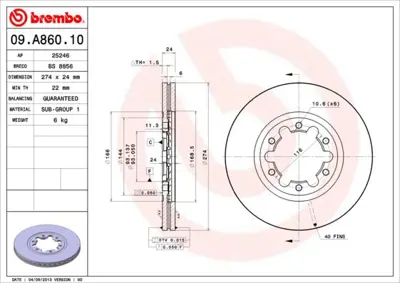 BREMBO 09.A860.10 Fren Dıskı On Standard Ford XM341027BA 1497307 26MZ039 J3303072 ADC0451V 70911072 9902703 DI355 FOR154 UH7433251