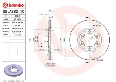 BREMBO 09.A862.10 Fren Dıskı On Standard Ford 4883102 BG3559 986479712 986AB9786 DDF13981 6M341027CA 986479S41 6048981 24012402451 UH7133251