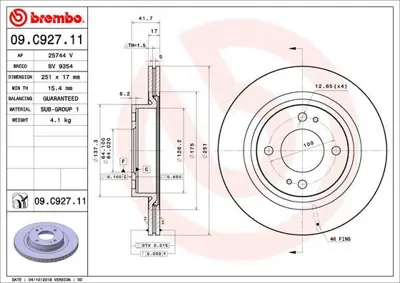 BREMBO 09.C927.11 Fren Dıskı On Mıtsubıshı Mırage Space Star 12-/ Space Star 1.2 2020-/ Attrage 13-/ 251×4 4615A129 AND6988 BBD5359 ADC443132 DI957065 55780 BD4664 92278003 DF8100 BN0629E
