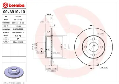 BREMBO 09.A919.10 Fren Dıskı On Standard Nıssan 4020672B01 6047431 402061F500 DSK2348 4020672B00 BD1085 24011801391 MDC1506 BS8934C DI113