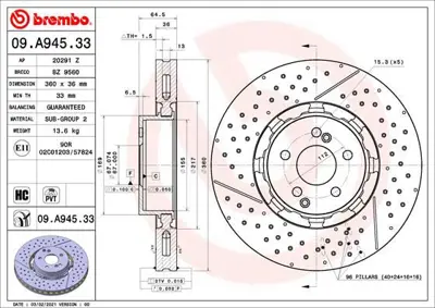 BREMBO 09.A945.33 Fren Dıskı On Dual Cast Mercedes-Benz A2124210512 BZ9560 400550370 20291Z 2124210512 9A94533 TFX49160 BZ9080 360406129003 9976423