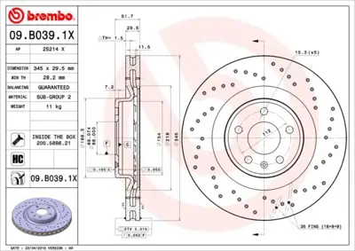 BREMBO 09.B039.1X On Fren Dıskı Delıklı 345×29,5 5×112 Audı A4 08-12  A5 08-11  Q5 09-12 8K0615301M 6060145 MDC2002 9B03911 735253 986479590 92160205 429102 8K0615301E 6111110
