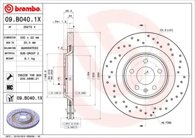BREMBO 09.B040.1X Arka Fren Dıskı Delıklı-330x22 5×112 Vw Touareg 18-  Audı A4 08-16  A6 11-18  Q5 09-17 8W0615601K DF6175S A1045V 4H0615601H 95B615601F 18152047156 MDC2349 80A615601C 92238303 100335820