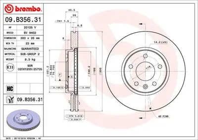 BREMBO 09.B356.31 Fren Dıskı On Uv Coated Opel 13517846 13502052 BS8316BS O1036V 9B35611 430264552 ND6067K 9B35610 6110583 9B3561X