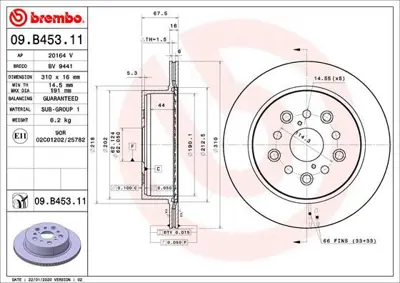 BREMBO 09.B453.11 Fren Dıskı Arka Uv Coated Toyota 4243150070 RT20436GL BR9433 5311135540 8DD355122231 C42011ABE RT20436GLT3 194737 54857 20164V