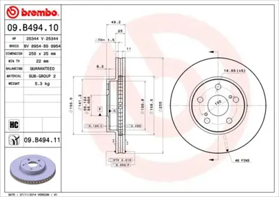 BREMBO 09.B494.10 Fren Dıskı On Standard Toyota DDF1882C1D 4351247050 MDC2204 8DD355116982 BN0716 18153145142 562766BC BN0716E DI955375 9B49410