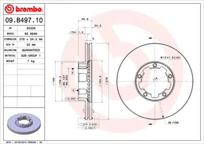 BREMBO 09.B497.10 Fren Dıskı On Standard Nıssan 402069X200 9B49710 FCR261A ADN143111 36155210067 BG4173 ADC0286V NIS100 312299 93185300