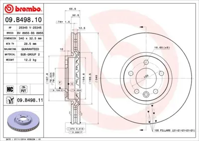 BREMBO 09.B498.11 On Fren Dıskı-340x32,5  5×120 Vw Transporter 10- DDF2182C 7E0615301C 18153147145 600324920 AND6653 8DD355129251 ADC2610V BS8716 9B49810 6142010