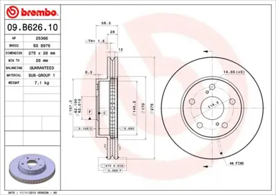 BREMBO 09.B626.10 Fren Dıskı On Standard Toyota 435120K120 DDF2634C 986479A97 55523 92252303 BG4758C 25366 BS8976 ADT343234 435120K130