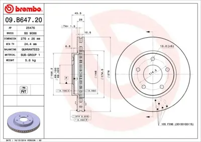 BREMBO 09.B647.21 Fren Dıskı On Uv Coated Dodge 78BD59232 297596 5105513AA BS9086 ADC443119 LVBD1524 9B64720 92197400 355116242 DF4933