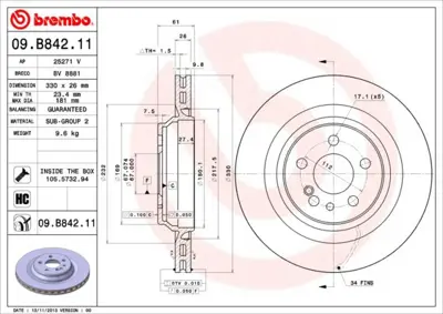 BREMBO 09.B842.11 Fren Dıskı Arka Uv Coated Mercedes-Benz A2204230512 18327 DF944 400366620 10924957 9B84211 BV8881 92278303 2204230512 BS7856