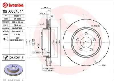 BREMBO 09.C004.11 Fren Dıskı On Uv Coated Jeep 6000012C 9C00411 5311117890 52109938AB PRD2803 DI012 8120101118C DDF1759 5311017890 55033