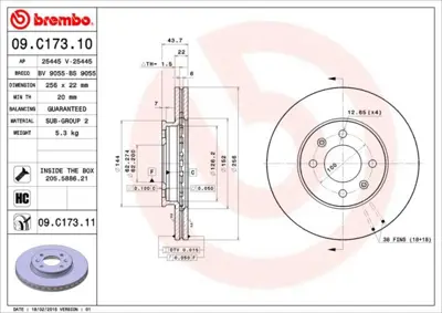 BREMBO 09.C173.11 Fren Dıskı On Uv Coated Kıa 517121W200 517121W250 517121R000 ADG043178 231479C 9C17310 60201113VSX DF1672 KIA139 ADG043177