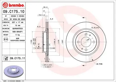 BREMBO 09.C175.11 Fren Dıskı On Uv Coated Peugeot 4249L5 4615A093 N3305074 4615A219 1612090780 9C17511 ADC5038V J3305004 417110 ADC443128