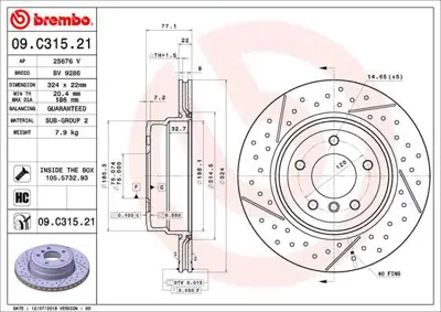BREMBO 09.C315.21 Fren Dıskı Arka Uv Coated Bmw 34216795754 BV9286 DSK3767 150293420 6795754 8DD355130011 355130012 92295505 55955HC BG5137C