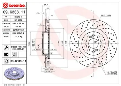 BREMBO 09.C338.11 Fren Dıskı On Uv Coated Honda 45251TV8E02 NBD1900 563419J1 280319420 9C33811 BG9335C DSK3315 92320105 ADH243131 25649V