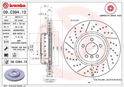 BREMBO 09.C394.13 Fren Dıskı On M  Delıklı  F20/F22/F30/F32/F33 34106797603 6797603 DF6600S CS120963 BS9310HC DDF2615VC1 V003B1 360406130104 60000133 600133