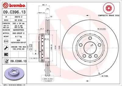 BREMBO 09.C396.13 Fren Dıskı Arka Composıte Bmw 34206797605 92265125 DF6602S 610104C 150292120 9C39613 6159510 MDCB2573 150292132 34206898719