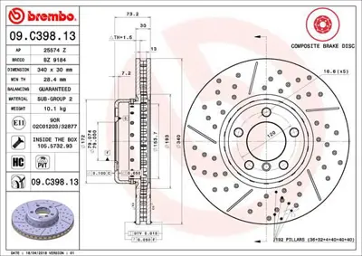 BREMBO 09.C398.13 Fren Dıskı On Composıte Bmw 34106797602 MDC2572 6066065 6184310 150290620 B2105VBR 92265025 DDF2614VC1 BZ9184 6066045