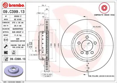 BREMBO 09.C399.13 Fren Dıskı On Composıte Bmw 34106797606 DI0116 9C39913 PRD3079 PBD8705 150291120 92265325 BD3569 18545 BG9158C
