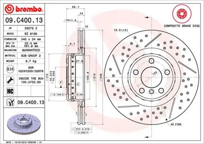 BREMBO 09.C400.13 Fren Dıskı Arka Composıte Bmw 34206797598 DP0138 D2067R 61000138 ADC2875V 8DD355132791 355132791 GD2067R D2068R 6797598