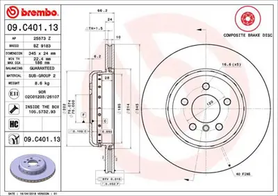 BREMBO 09.C401.13 Fren Dıskı Arka Composıte Bmw 34206797607 DF6607S B2098VBR 150291932 9C40113 92265625 24012402512 6797607 24012402511PRPCSMS 150291920