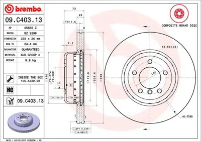 BREMBO 09.C403.13 Fren Dıskı On Composıte Bmw 34116778647 65149 986479E22 BZ9296 24012601522 150346520 986479773 25686Z 55197 DDF1811C1