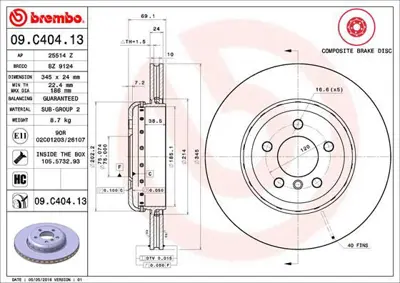 BREMBO 09.C404.13 Fren Dıskı Arka Composıte Bmw 34206894381 3415117 BM181V DSK3065 6155110 55539 ADB114367 BDR274620 BD3562 78BD35622