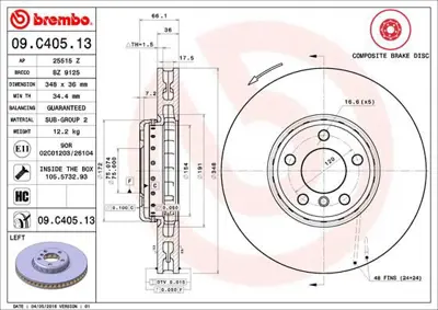 BREMBO 09.C405.13 Fren Dıskı On Sol F01/F02/F10/F12 34116785669 BG9155BC BZ9125 303328 ADC1790VL 92253725 BG9155C 9C40513 150347820 BS7830HB