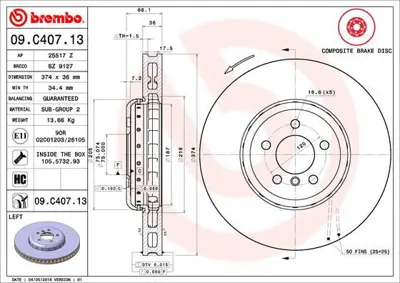 BREMBO 09.C407.13 Fren Dıskı On Composıte Bmw 34116785675 8DD355132861 1421590 6066135 8DD355120681 BZ9127 B2095VBR 92312005 BG9160C 6159810