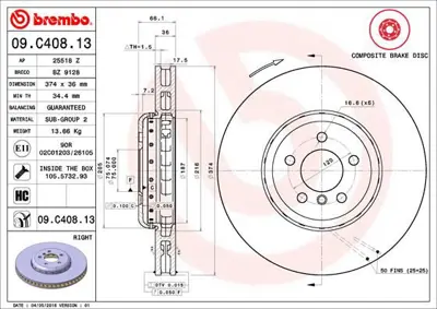 BREMBO 09.C408.13 Fren Dıskı On Composıte Bmw 34116785676 DSK3136 25518Z 192602 V2080101 9C40813 6159811 BD3542 DF6614S BZ9128