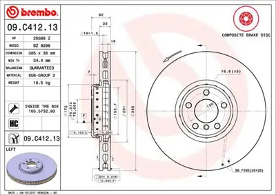 BREMBO 09.C412.13 Fren Dıskı On Composıte Bmw 34116782067 107502 8DD355120721 DSK3231 60000145 986479E26 25688Z BZ9298 6066185 AND7064