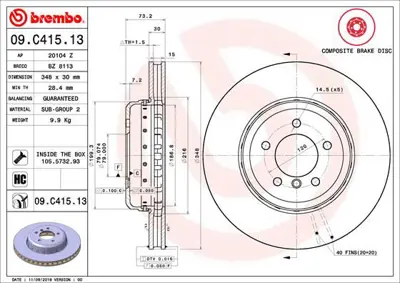 BREMBO 09.C415.13 Fren Dıskı On Composıte Bmw 34116782593 18659 24013002162 AND7042 B2089V 8DD355120751 ADB1143114 92266825 ADC2855V 986479E24