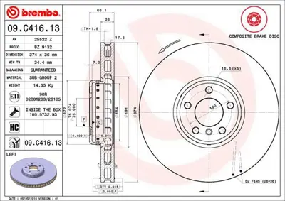 BREMBO 09.C416.13 Fren Dıskı On Composıte Bmw 34116789543 171459 ADBP430023 24013601212 8DD355120701 9C41613 34106898731 BS9340HC DF6622S 986479E30