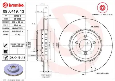 BREMBO 09.C419.13 Fren Dıskı On E60/E63/E64 34116763824 812011176C B130323 BDM775320 FBD1664 986479584 150343420 DDF1245C 1421069 BD3402