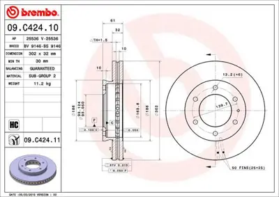 BREMBO 09.C424.11 Fren Dıskı On Uv Coated Ford 1763037 DDF2462C1 ADM543125 BG9140C 18153125104 C3G049ABE 8DD355119211 AB311125AB 3125104 DF6812S