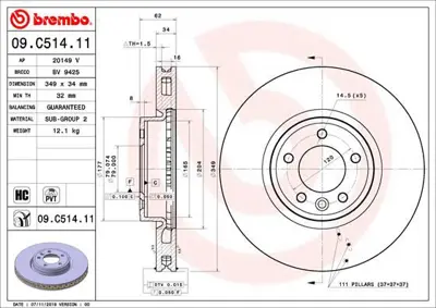 BREMBO 09.C514.11 Fren Dıskı On Dıscovery V/R.Rover Iv/R.Rover Sport Iı LR081594 BG9348C BBD6243S ADC5046V A4034VR DF6954S 176802 92307605 33103748 MDC2902C