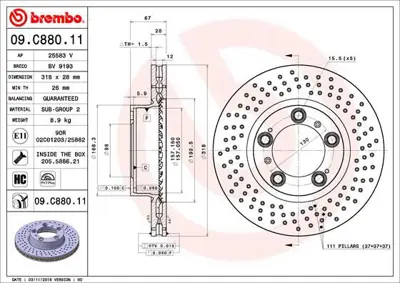 BREMBO 09.C880.11 Fren Dıskı On Uv Coated Porsche 99635140501 9C09411 6113311 99635140502 92099903 99635140500 24012801311 460152500 MDC1429 DDF2020LC1