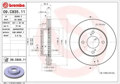 BREMBO 09.C935.11 Fren Dıskı On Uv Coated Suzukı 5531184M00 108628 NBD2053 MDC2942C DI957133 56140 BG4810C 9C93511 92314003 ADC2851V