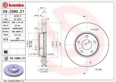 BREMBO 09.C990.21 Fren Dıskı On Uv Coated Ford 2305503 JX611125AEA 56034HC 986479F81 BV9470 108192 20193V JX611125AEB JX611125ACA 250131520